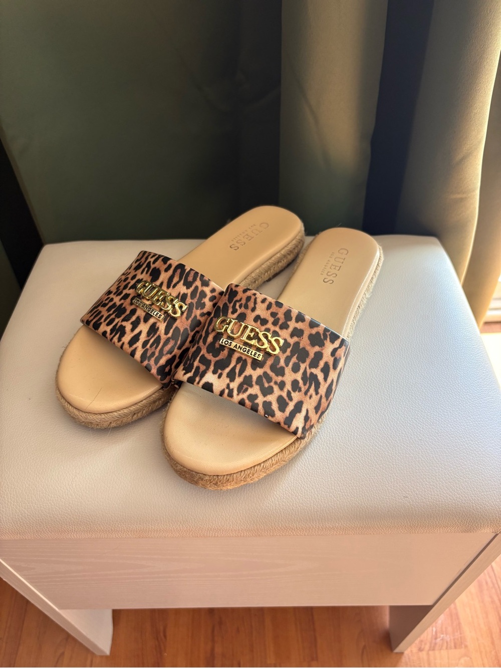 GUESS Leopard-Print Slide Sandals with Gold Logo